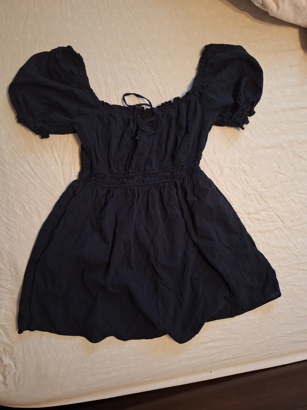 aerie Black Textured Fabric Dress with Smocked Waist